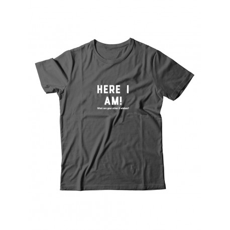 Футболка для мужчины с оригинальной надписью "Here i am"/Прикольная