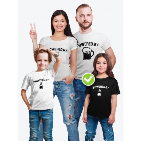 Футболки family look для всей семьи с принтом Powered by | Прикольные одинаковые семейные футболки