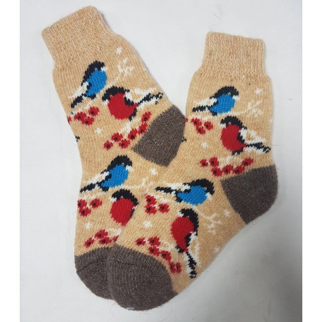 Шерстяные носки со снегирями горчичные женские