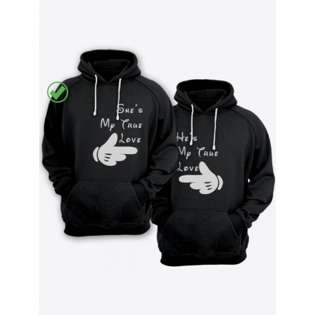 Парная толстовка для двоих - худи с принтом "She's my true love & He's my true love"