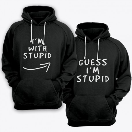 Парные толстовки с капюшоном для влюбленных "I'm with stupid" и "Guess i'm stupid".