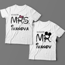 Парные футболки для мужа и жены "Mr." и "Mrs." с датой свадьбы и фамилиями